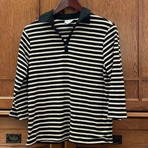 Jennifer Moore V-neck Ribbed Knit Ribbon Trim 3/4 Sleeve Stretchy Striped